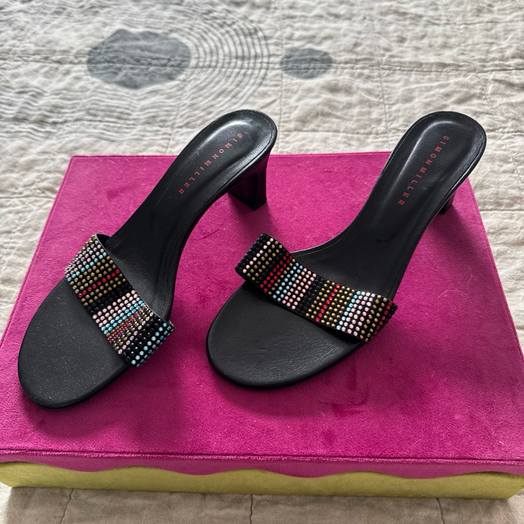 Simon Miller Black Low Block Heel Sandals Rhinestone Crystal Strap Size 37